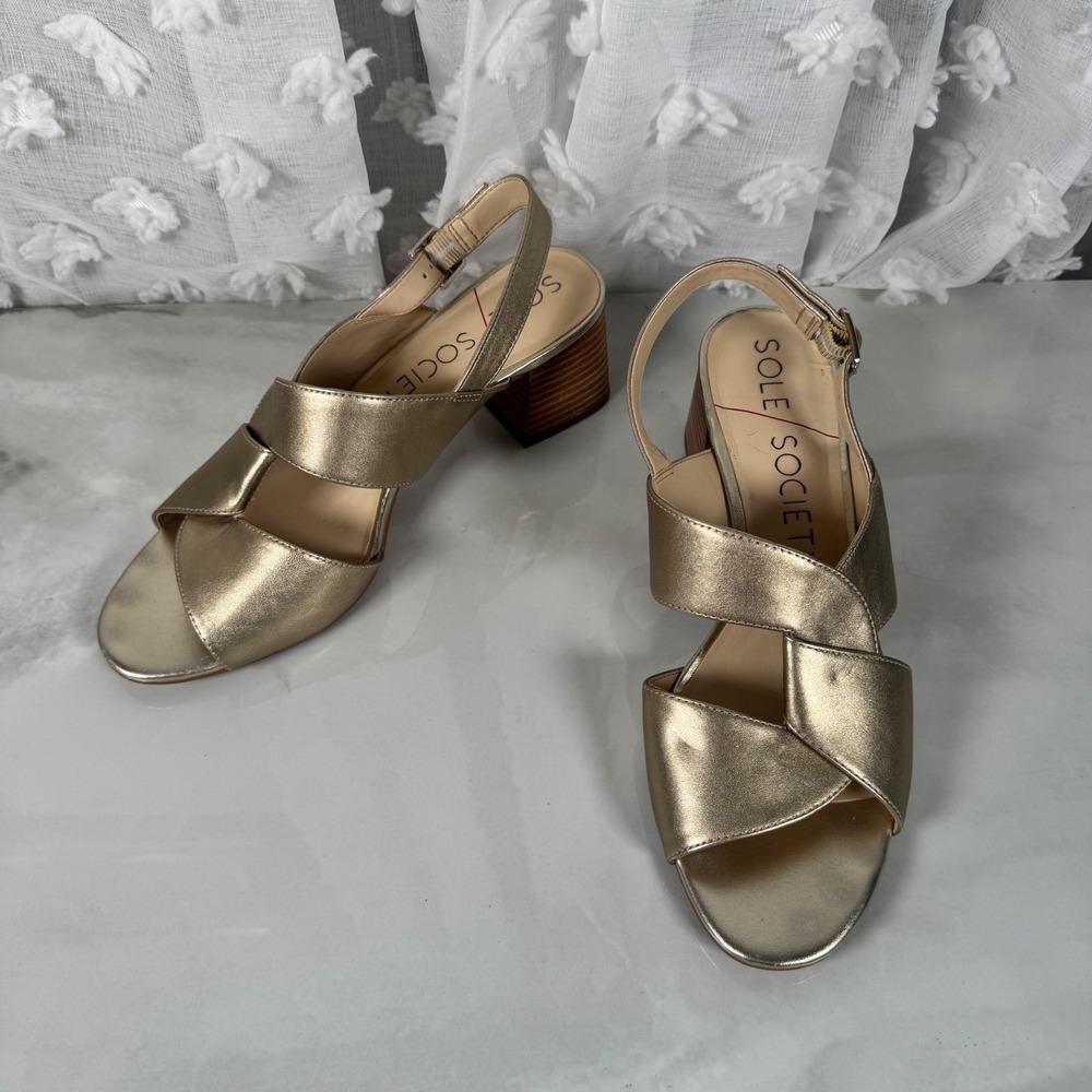 Sole Society Sheann Gold Crisscross Strap Sandal Leather Slingback Block Heel 10